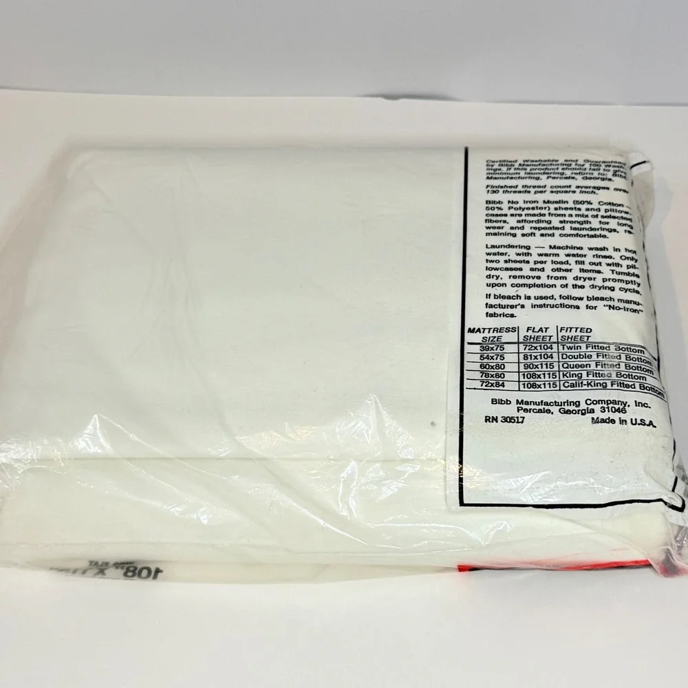 Vintage Bibb No Iron Muslin King Flat Sheet White 108x115 Made in USA New